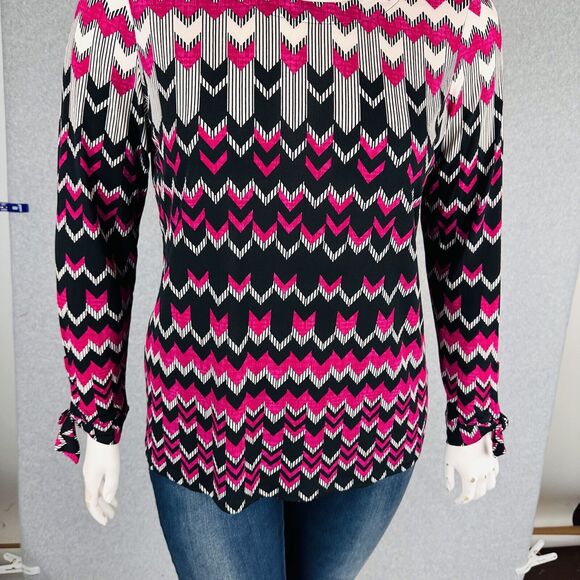 Susan Graver Womans Sz Large Blouse Black Long Tie Sleeve Stretch Abstract - Picture 6 of 11